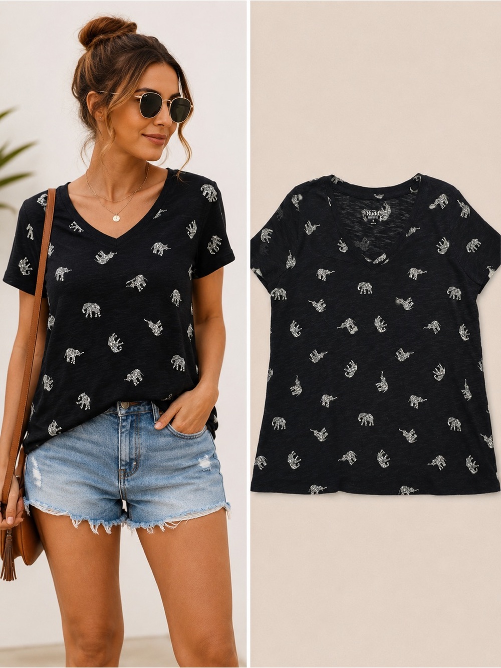 Mudd Elephant Print V Neck Tee Black White Tribal Boho Medium